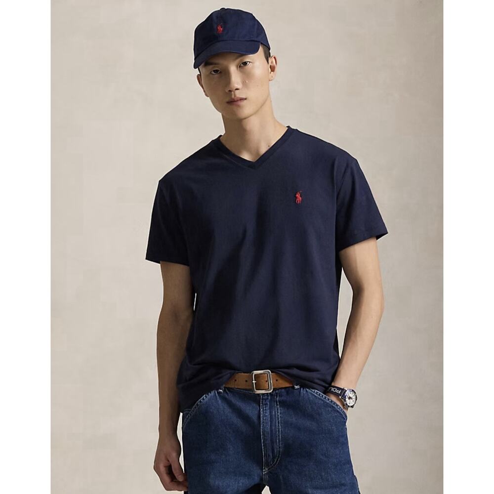 Polo Ralph Lauren Navy Blue V-Neck T-Shirt Red Pony Logo Sz L Classic Preppy